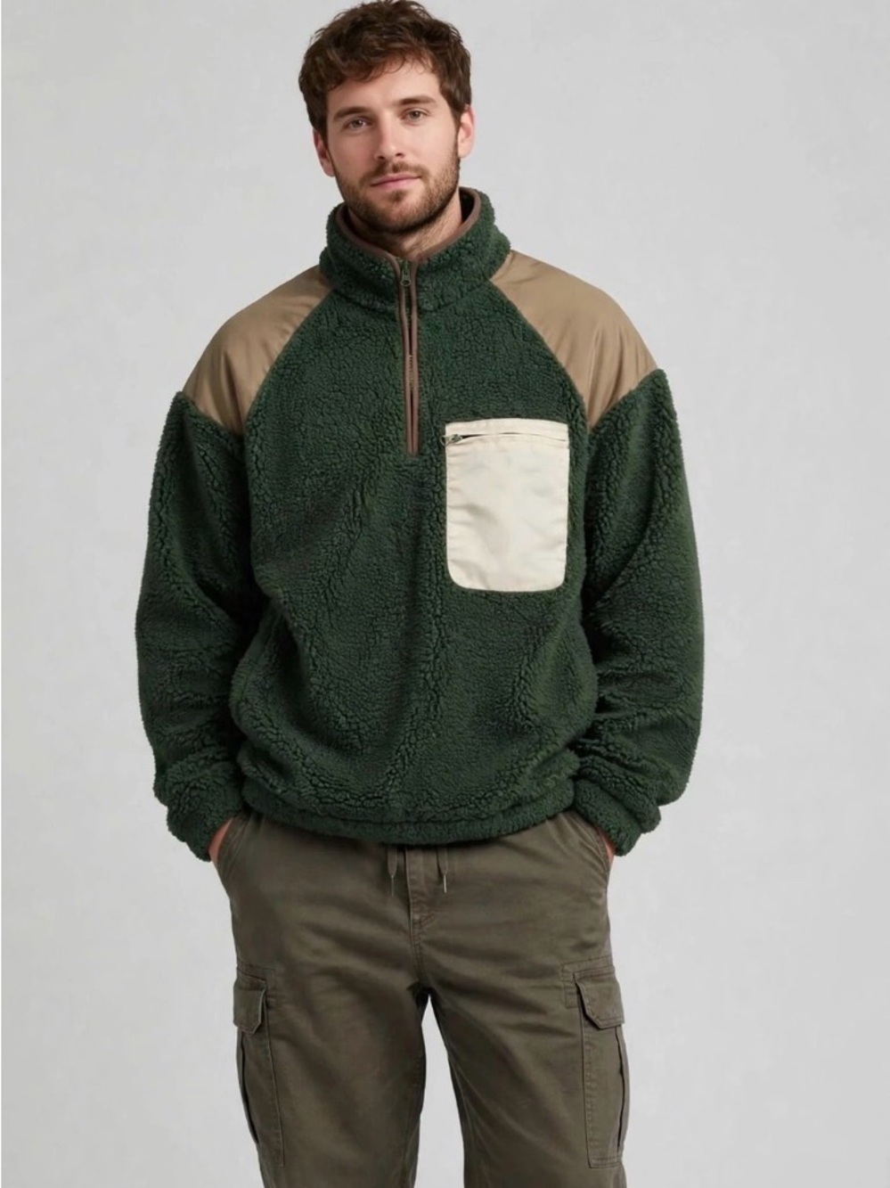 ASOS Dark Green Sherpa Quarter-Zip with Tan Accents and Cream Pocket